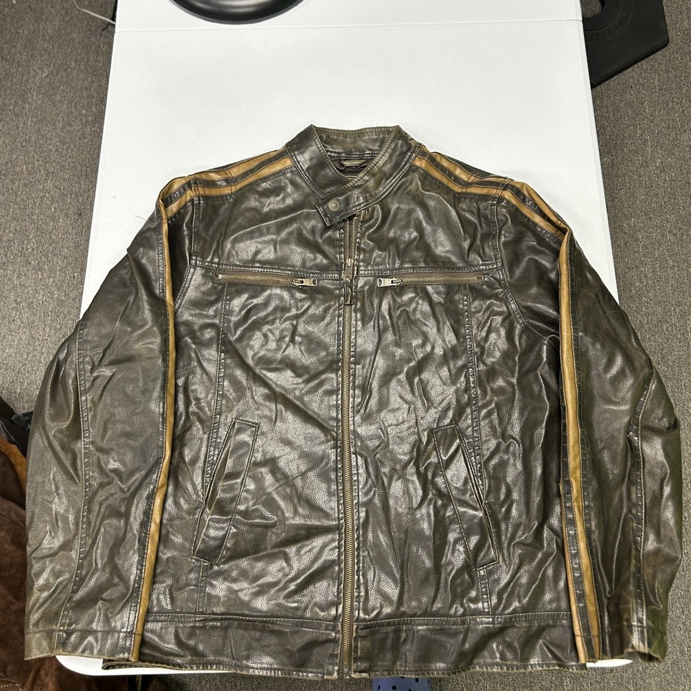Arizona Racer Jacket Mens Large Brown Faux Leather Distressed Racing Stripes